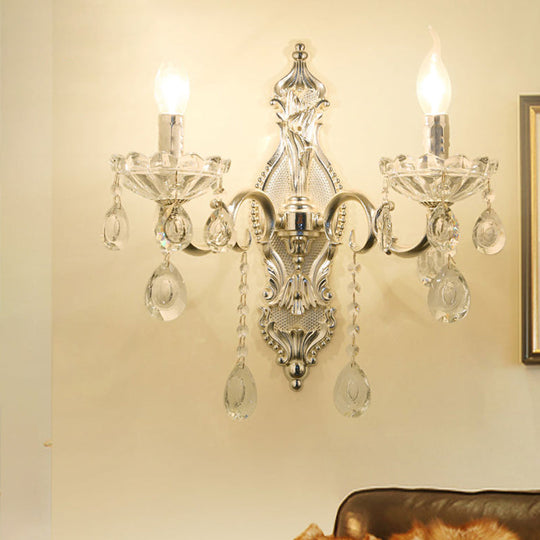 Traditional Silver Wall Lamp With 2 Light And Faceted Crystal Candelabra For Elegant Mounting
