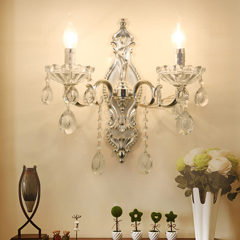 Traditional Silver Wall Lamp With 2 Light And Faceted Crystal Candelabra For Elegant Mounting