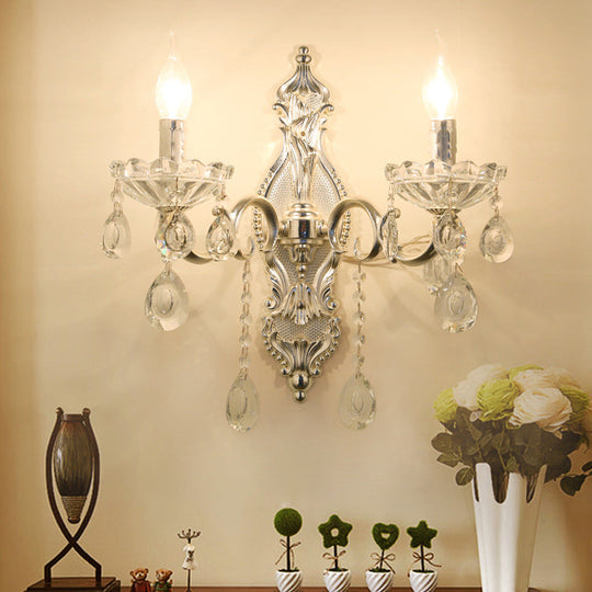 Traditional Silver Wall Lamp With 2 Light And Faceted Crystal Candelabra For Elegant Mounting