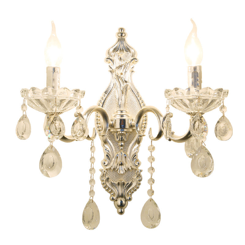 Traditional Silver Wall Lamp With 2 Light And Faceted Crystal Candelabra For Elegant Mounting