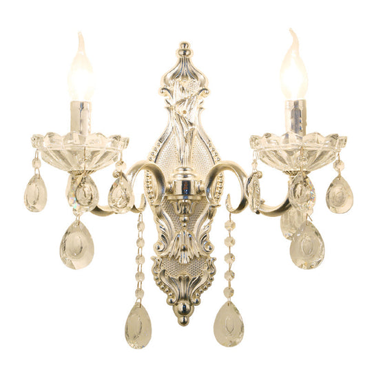 Traditional Silver Wall Lamp With 2 Light And Faceted Crystal Candelabra For Elegant Mounting