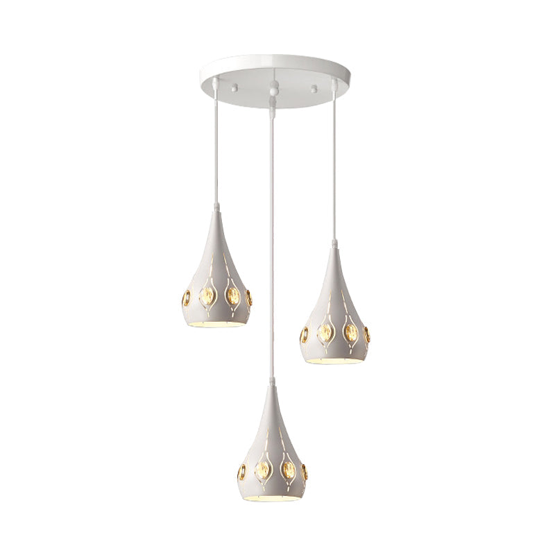 Minimalist Teardrop Iron Pendant Light With Crystal Block Accent - White Suspension Lamp (3 Bulbs)