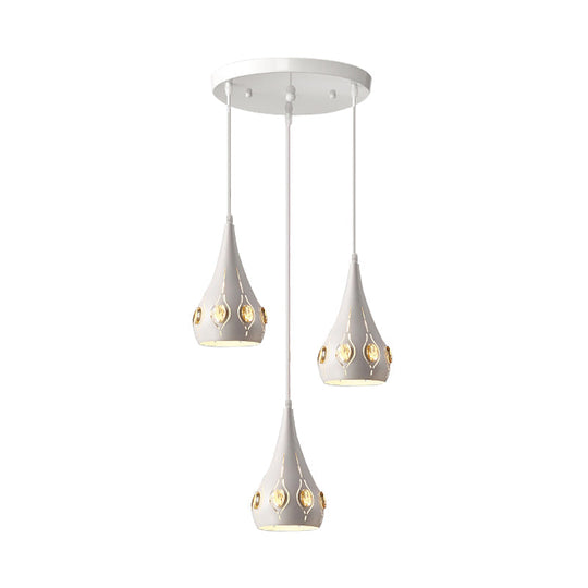 Minimalist Teardrop Iron Pendant Light With Crystal Block Accent - White Suspension Lamp (3 Bulbs)