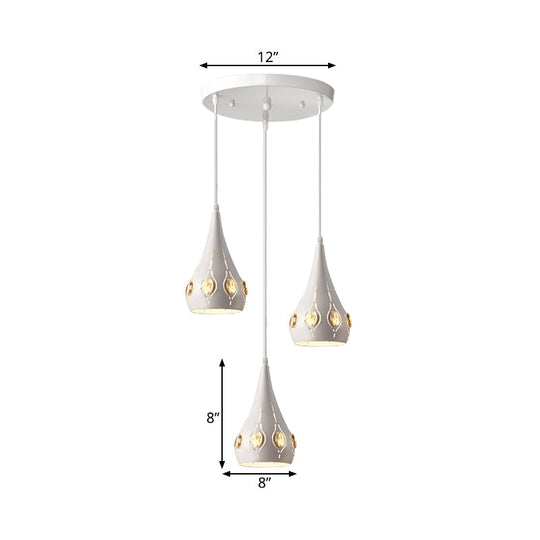 Minimalist Teardrop Iron Pendant Light With Crystal Block Accent - White Suspension Lamp (3 Bulbs)