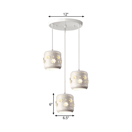 Iron Drum 3-Light Pendant Lamp Fixture - Modern White Ceiling Light With Flower Crystal Encrusted