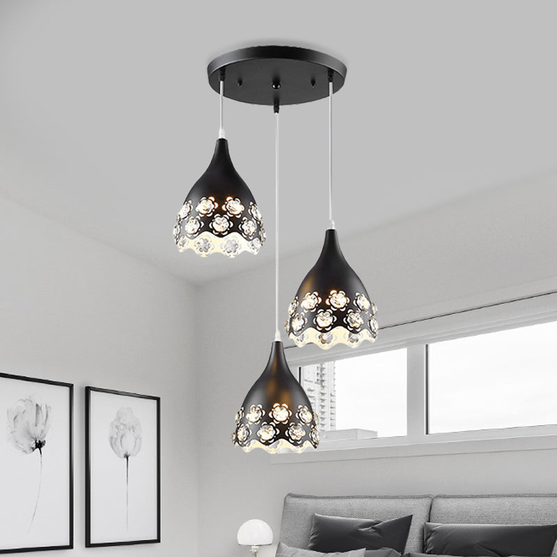 Contemporary Black Finish Teardrop Cluster Pendant Light With Crystal-Encrusted Floret Design