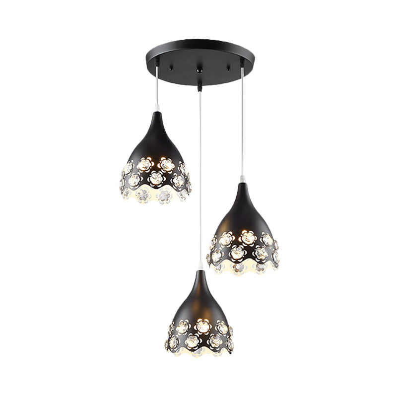 Contemporary Black Finish Teardrop Cluster Pendant Light With Crystal-Encrusted Floret Design