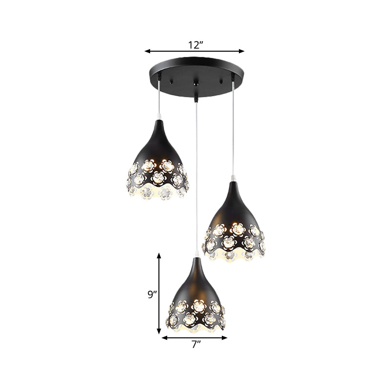 Contemporary Black Finish Teardrop Cluster Pendant Light With Crystal-Encrusted Floret Design