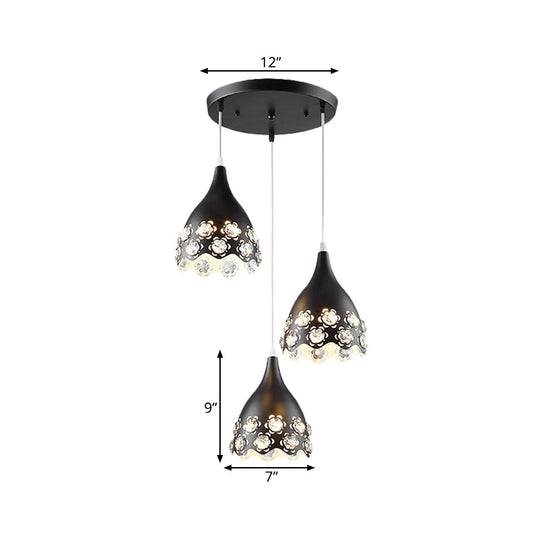Contemporary Black Finish Teardrop Cluster Pendant Light With Crystal-Encrusted Floret Design