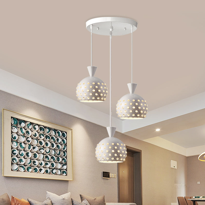 White Domed Multi-Pendant Iron Ceiling Lamp With Crystal Bead Design - Modernist 3-Light Fixture For