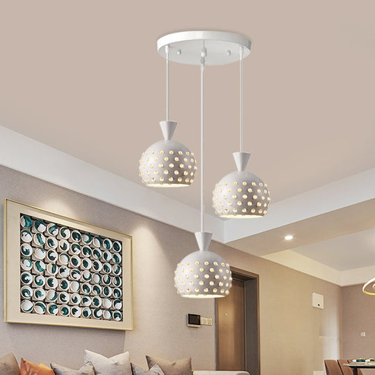 White Domed Multi-Pendant Iron Ceiling Lamp With Crystal Bead Design - Modernist 3-Light Fixture For