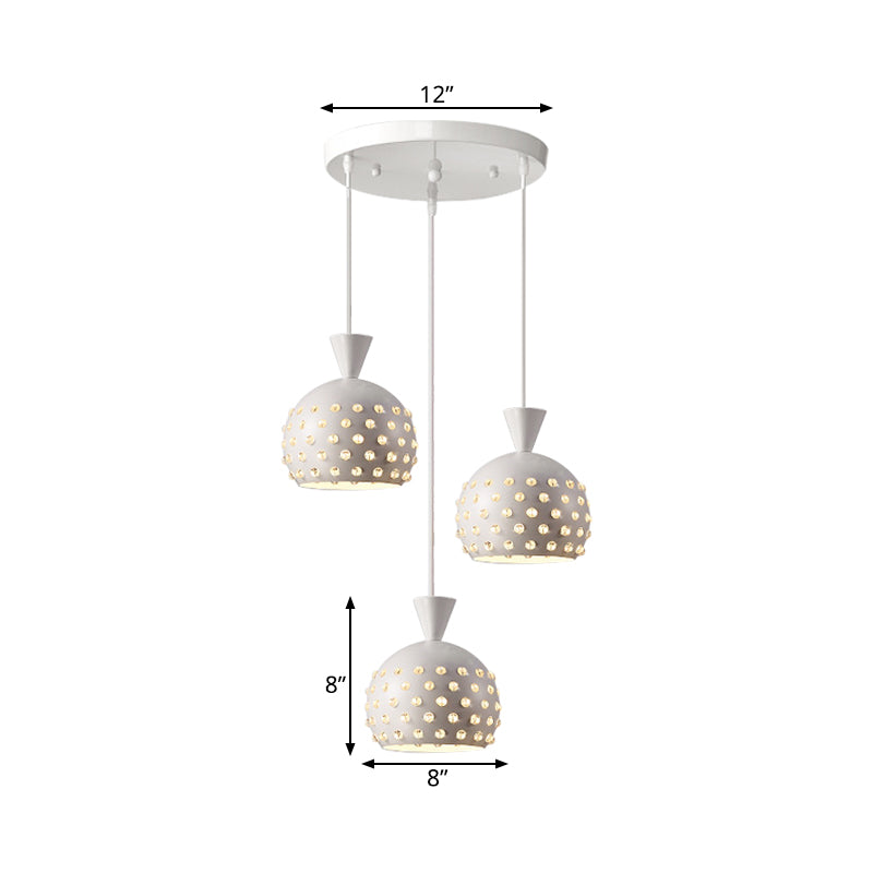 Modern White Domed Restaurant Ceiling Lamp With Crystal Bead Design - 3 Light Pendant
