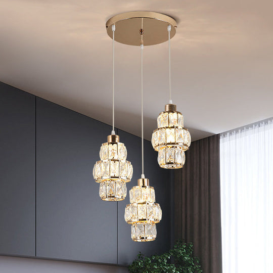 Modern Gold Cluster Pendant With 3-Layer Crystal Prisms And 3 Hanging Lights