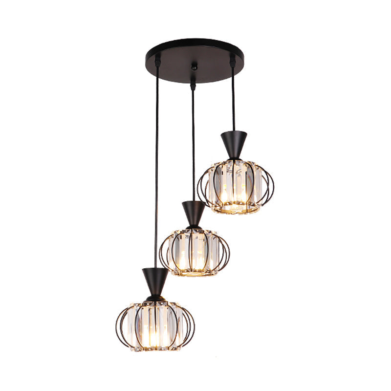 Modern Iron Ellipse Cage Ceiling Lamp With Crystal Prisms Shade - Black Finish 3-Bulb Pendant