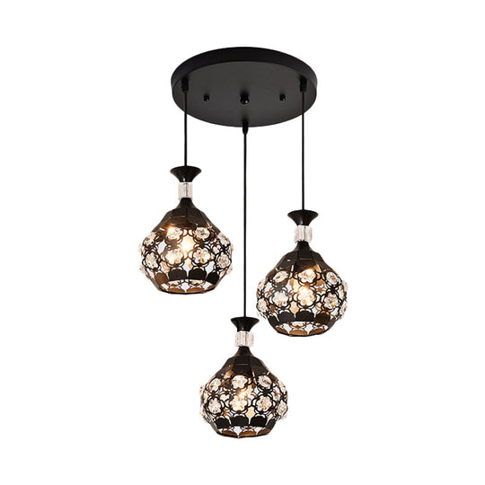 Modern Black Crystal Suspension Lamp - Hollow Out Floret Design 3 Lights