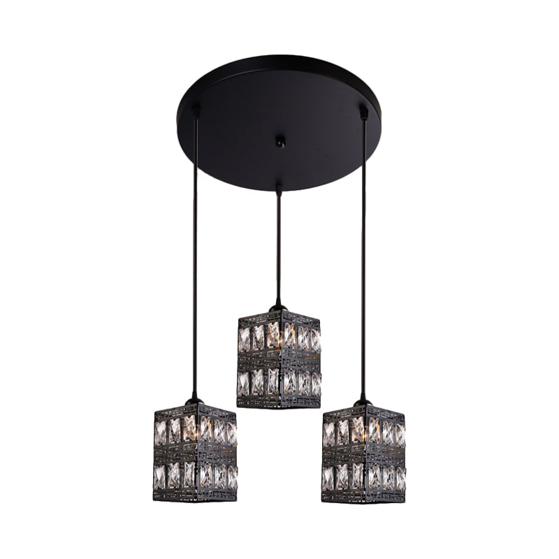 Modern Crystal Pendulum Light - Cuboid Shape 3-Light Black Finish
