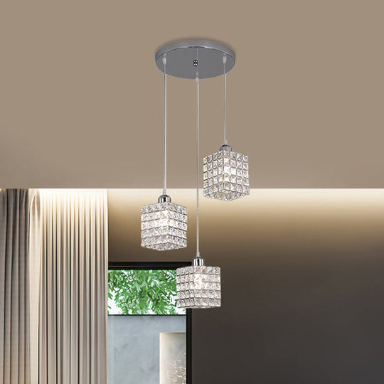 Minimalist Chrome Cuboid Pendant With 3 Beveled Crystal Bulbs - Ceiling Suspension Light