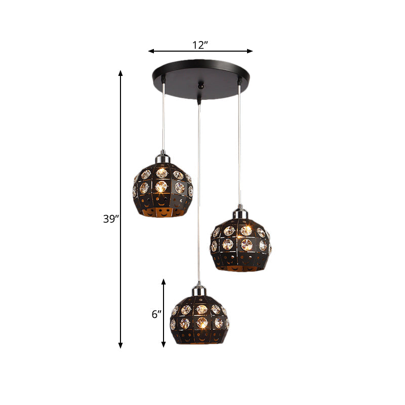 Modern Black Crystal Dome Dining Room Suspension Light With 3 Embedded Pendant Lamp Heads