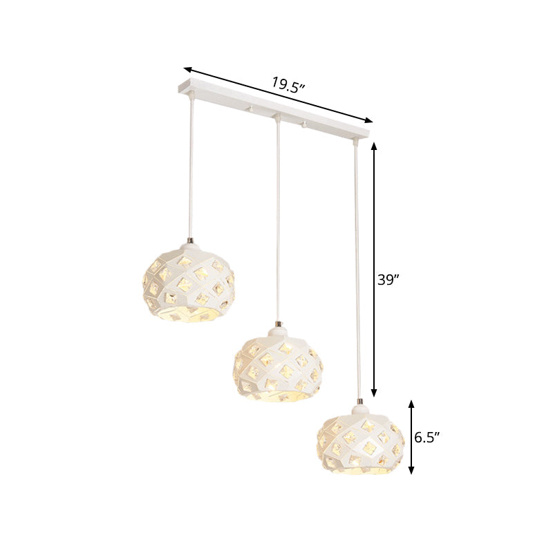 Modernist Iron Drum Multiple Hanging Lamp With Down Lighting - White Finish Crystal Accents 3 Lights