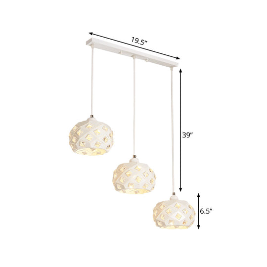 Modernist Iron Drum Multiple Hanging Lamp With Down Lighting - White Finish Crystal Accents 3 Lights