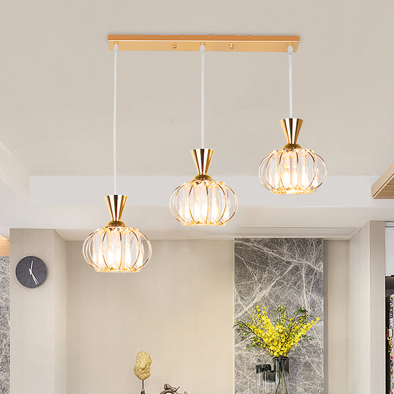 Modern Gold Oval Cage Suspension Light With Crystal Prisms - 3-Head Hanging Lamp