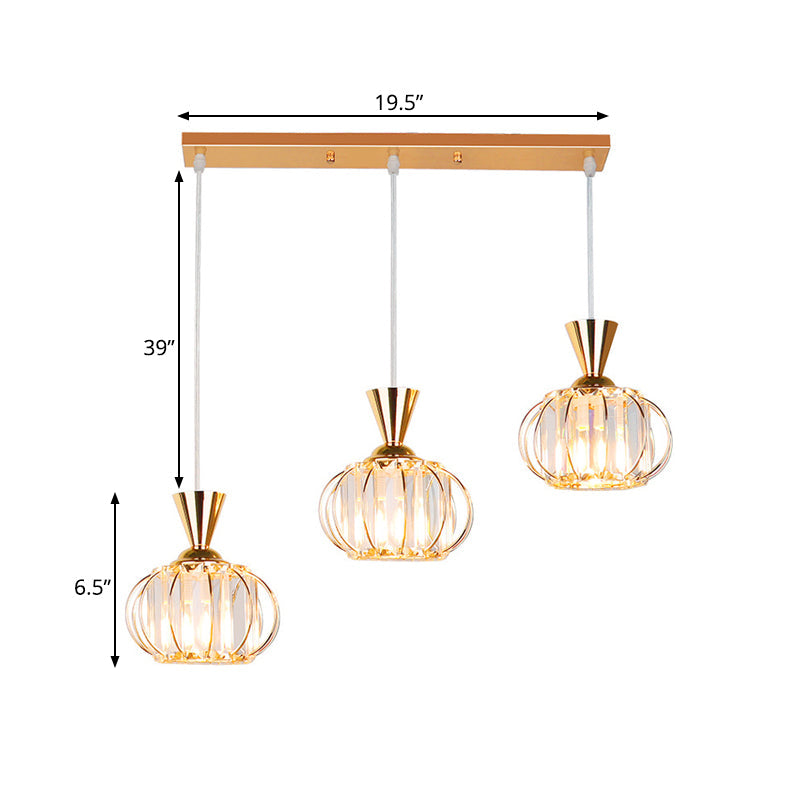 Modern Gold Oval Cage Suspension Light With Crystal Prisms - 3-Head Hanging Lamp
