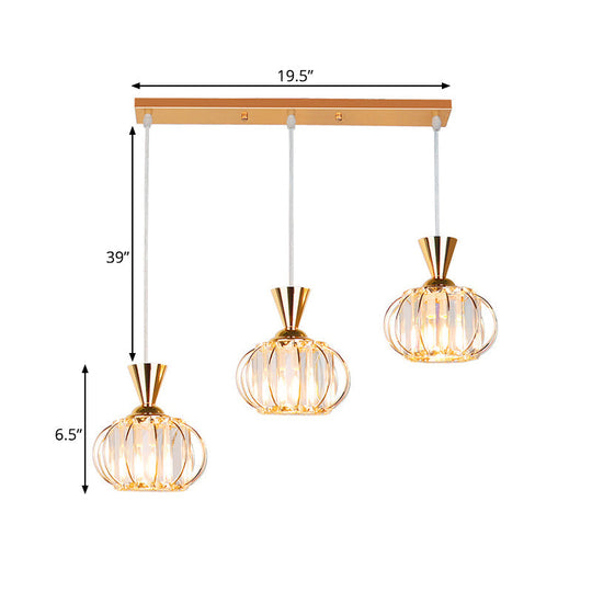 Modern Gold Oval Cage Suspension Light With Crystal Prisms - 3-Head Hanging Lamp