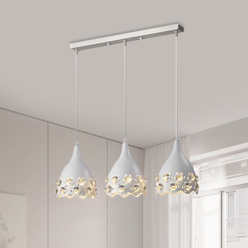 White Metal Teardrop Pendant Light With Flower Crystal Deco Edge - Modern 3 Ceiling Lamp