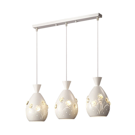 White Cone Pendant Light Set With Laser-Cut Floral Design – Modern 3-Light Iron Lamp