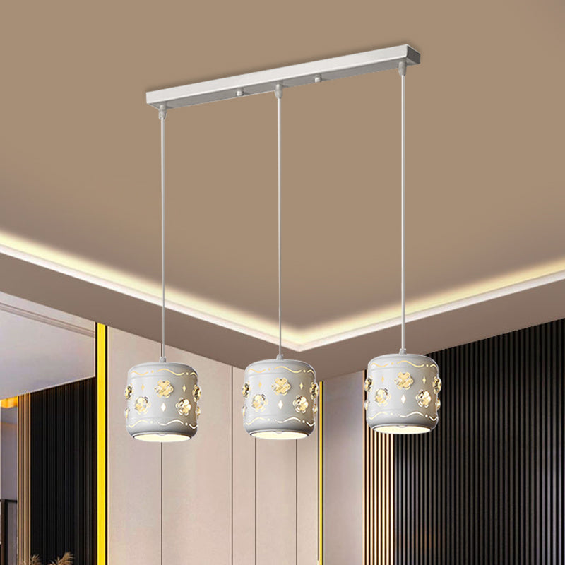 Modern Flower Crystal Pendant Light With Small Drum Cluster And 3 Bulbs In White