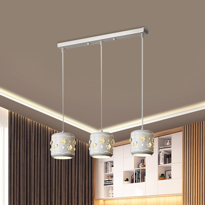 Modern Small Drum Crystal Pendant With 3 White Bulbs - Flower Cluster Ceiling Light