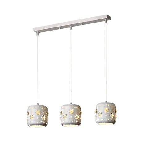 Modern Flower Crystal Pendant Light With Small Drum Cluster And 3 Bulbs In White