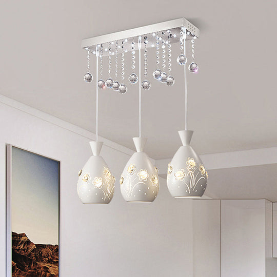 Modern Hollow-Out Floret Iron Multi-Light Ceiling Lamp With Crystal Droplet - 3-Light Pendant White
