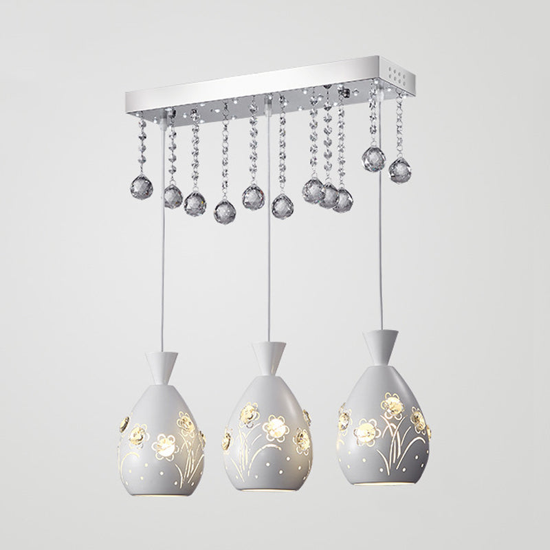 Modern 3-Light White Ceiling Lamp With Crystal Droplet And Hollow-Out Floret Design