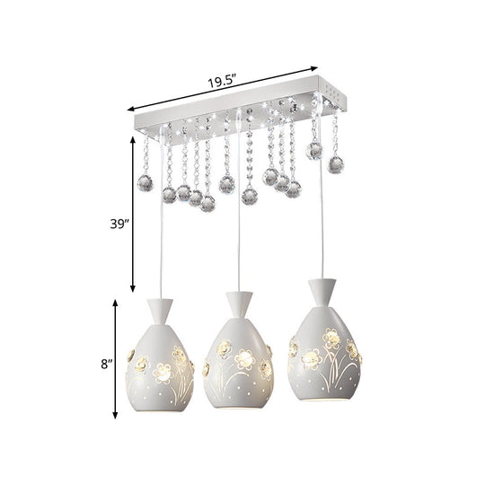 Modern Hollow-Out Floret Iron Multi-Light Ceiling Lamp With Crystal Droplet - 3-Light Pendant
