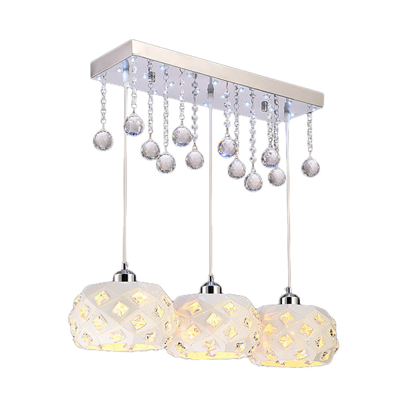 White Drum Pendant Light With Crystal Ball Accent - Sleek 3-Bulb Metal Hanging Lamp