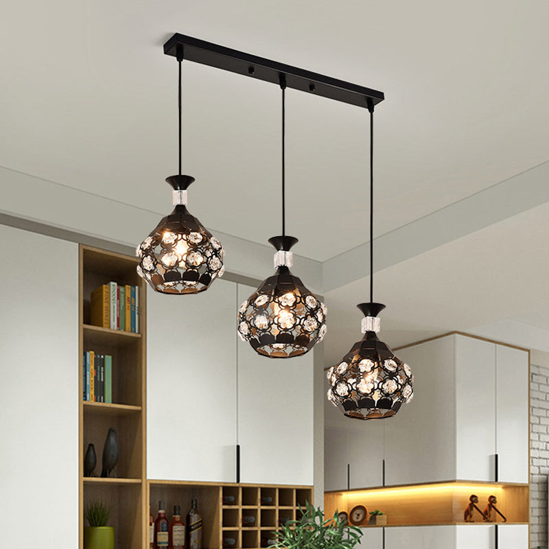 Modern Black Onion Pendant Light With Laser-Cut Design Crystal Accents And 3 Bulbs