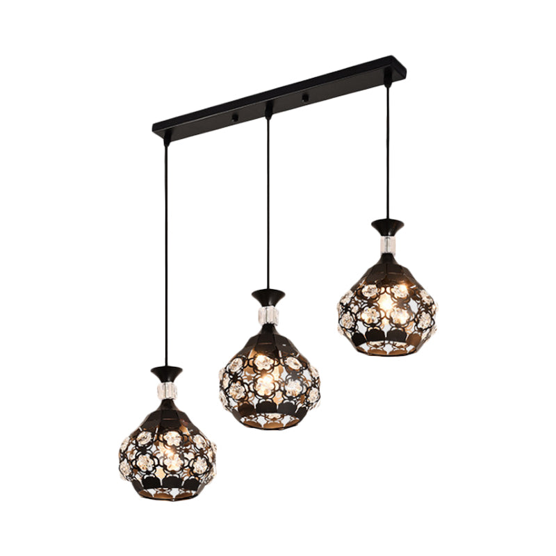 Modern Black Onion Pendant Light With Laser-Cut Design Crystal Accents And 3 Bulbs