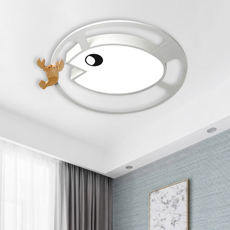 Kids Circular Acrylic Ceiling Light: Grey/White/Green Led Flush Mount Lamp With Wood Shrimp Decor