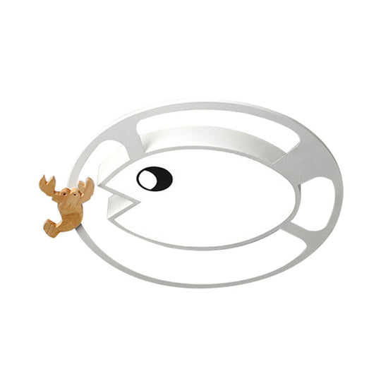 Kids Circular Acrylic Ceiling Light: Grey/White/Green Led Flush Mount Lamp With Wood Shrimp Decor
