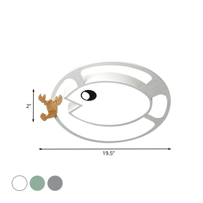 Kids Circular Acrylic Ceiling Light: Grey/White/Green Led Flush Mount Lamp With Wood Shrimp Decor