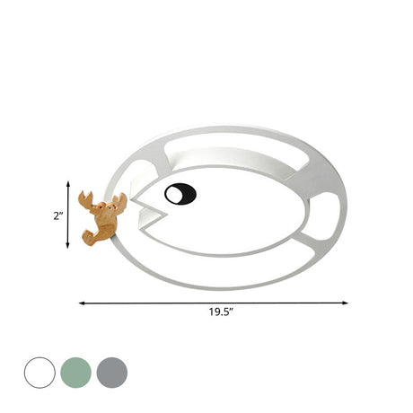 Kids Circular Acrylic Ceiling Light: Grey/White/Green Led Flush Mount Lamp With Wood Shrimp Decor