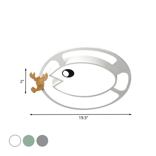 Kids Circular Acrylic Ceiling Light: Grey/White/Green Led Flush Mount Lamp With Wood Shrimp Decor