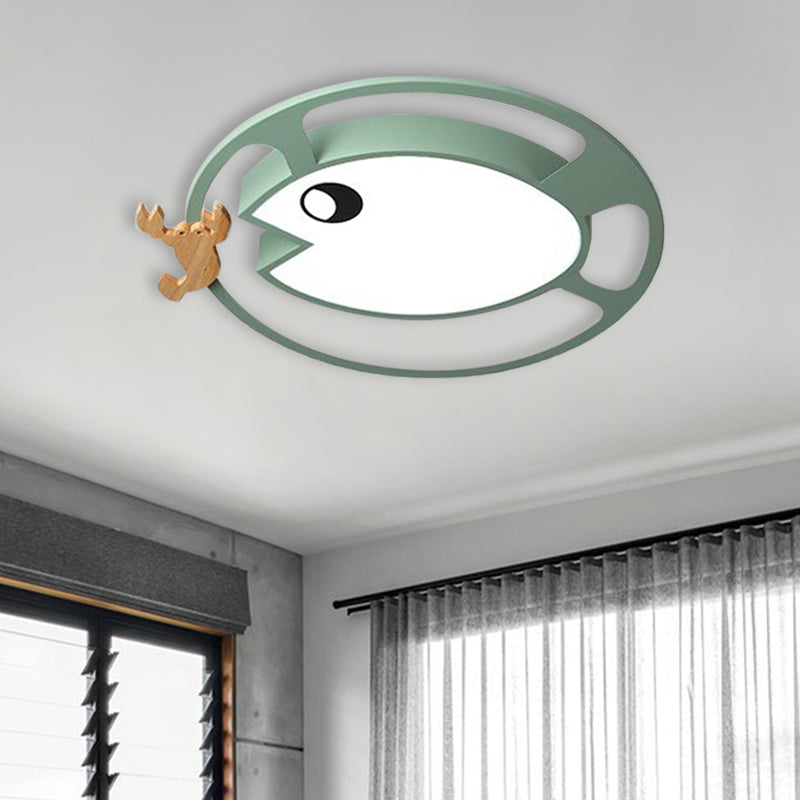 Kids Circular Acrylic Ceiling Light: Grey/White/Green Led Flush Mount Lamp With Wood Shrimp Decor