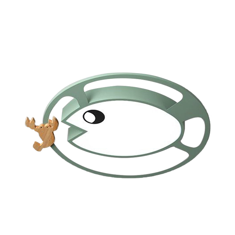 Kids Circular Acrylic Ceiling Light: Grey/White/Green Led Flush Mount Lamp With Wood Shrimp Decor