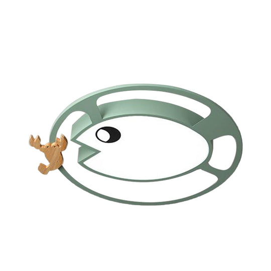 Kids Circular Acrylic Ceiling Light: Grey/White/Green Led Flush Mount Lamp With Wood Shrimp Decor