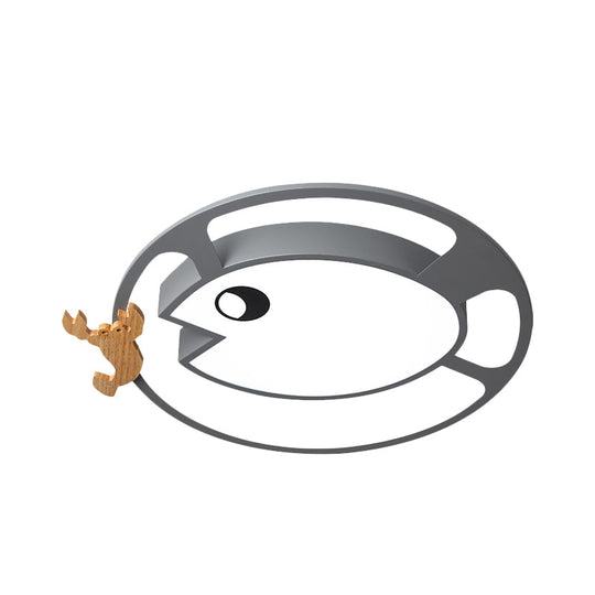 Kids Circular Acrylic Ceiling Light: Grey/White/Green Led Flush Mount Lamp With Wood Shrimp Decor