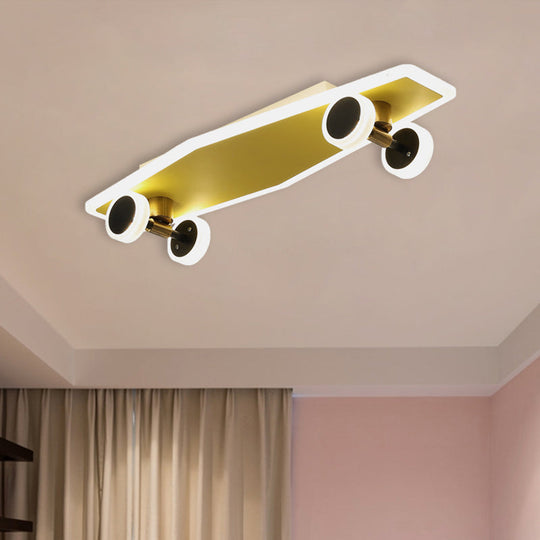 Kid’s Led Gold Skateboard Ceiling Light For Boys Bedroom - Acrylic Flush Mount Fixture