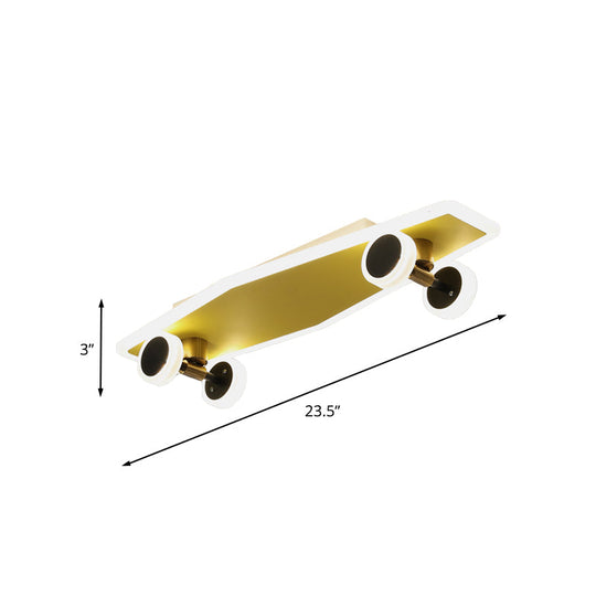 Kids Led Gold Skateboard Ceiling Light For Boys Bedroom - Acrylic Flush Mount Fixture