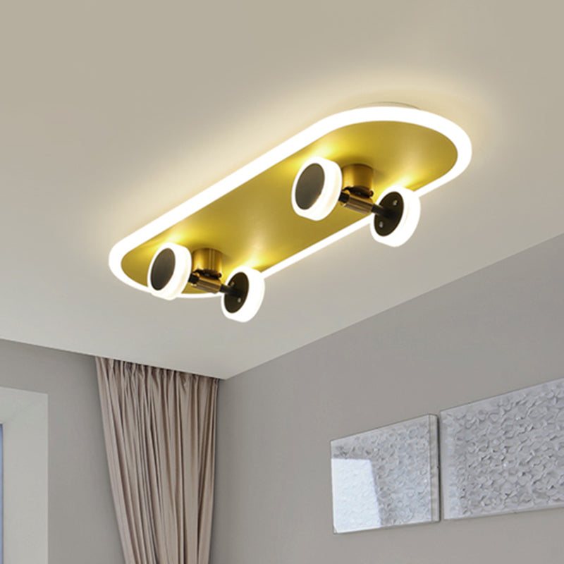 Kid’s Led Gold Skateboard Ceiling Light For Boys Bedroom - Acrylic Flush Mount Fixture